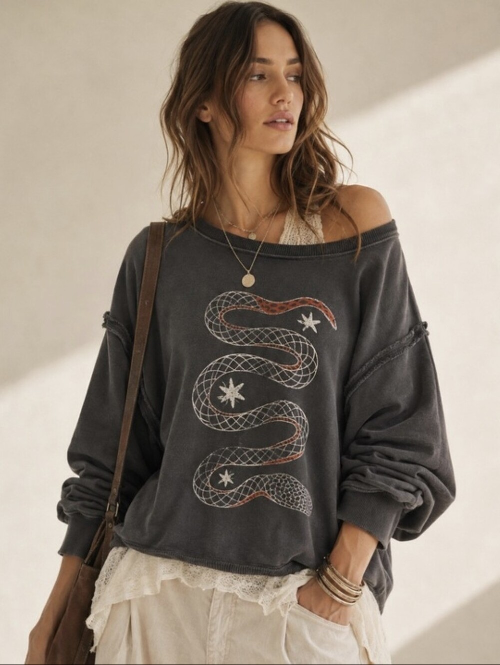 Free People Graphic Camden Pullover Sweatshirt In Snake Combo